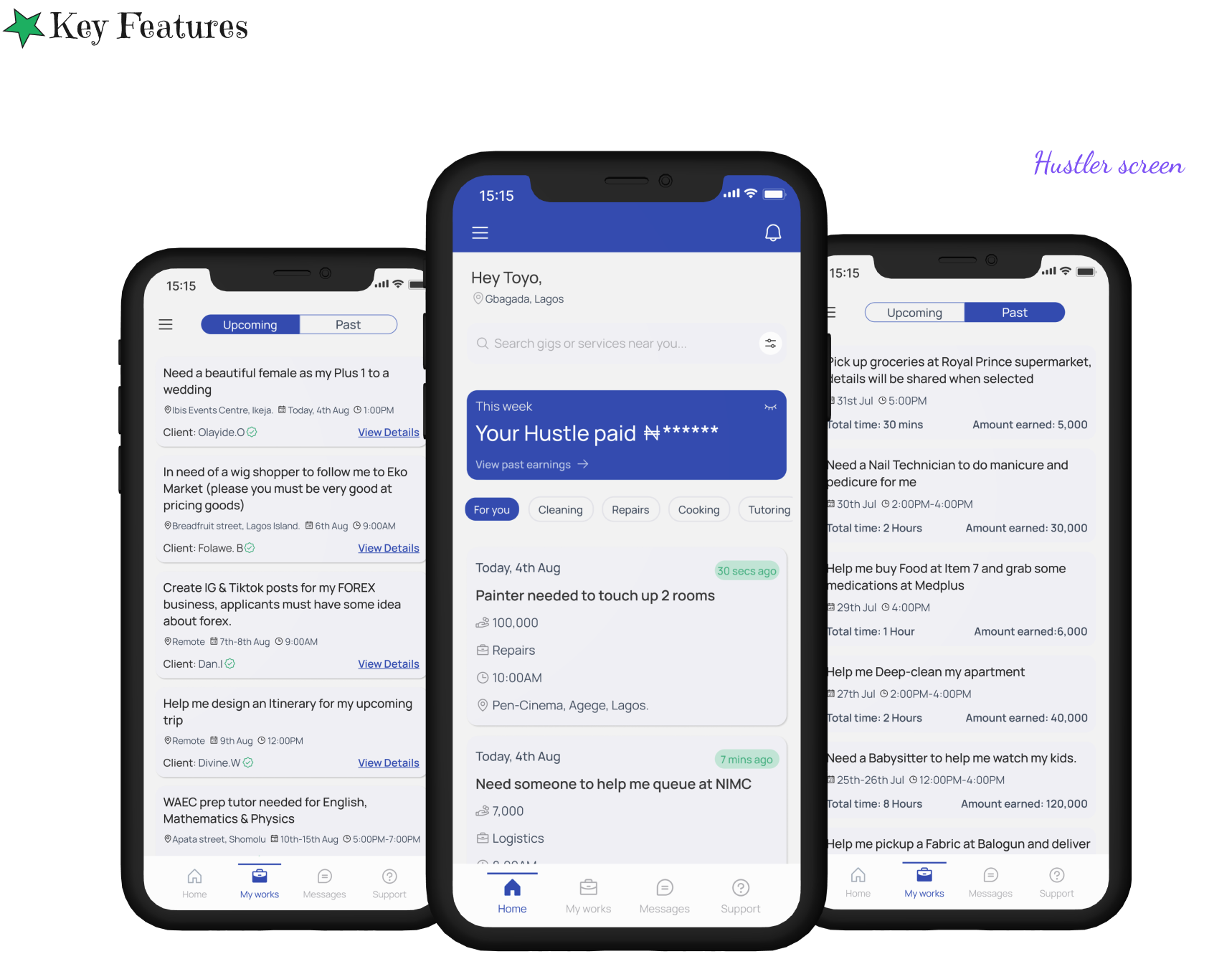 Hustle app key features — hustler screen mockups